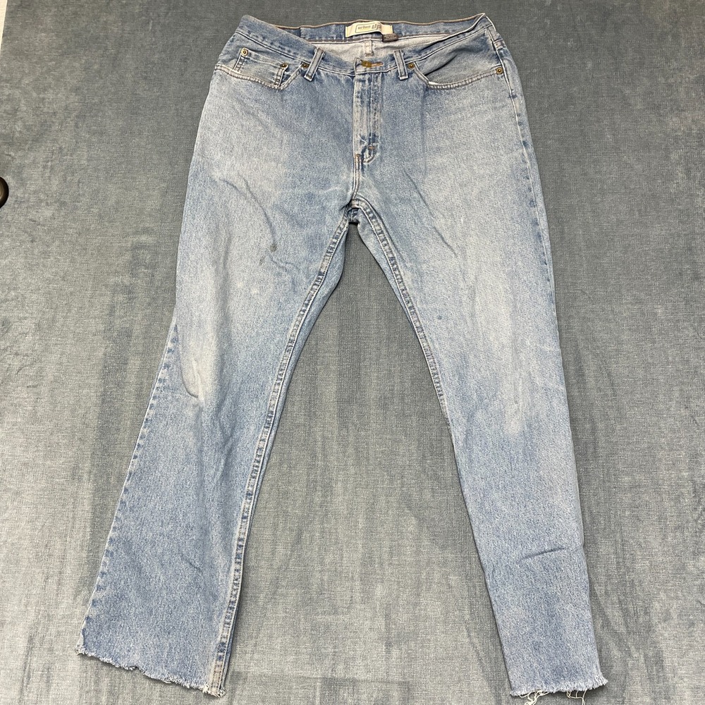 Urban Up Jeans Mens 34x29 Blue Straight Leg Cotton Whiskered Denim Frayed Hem